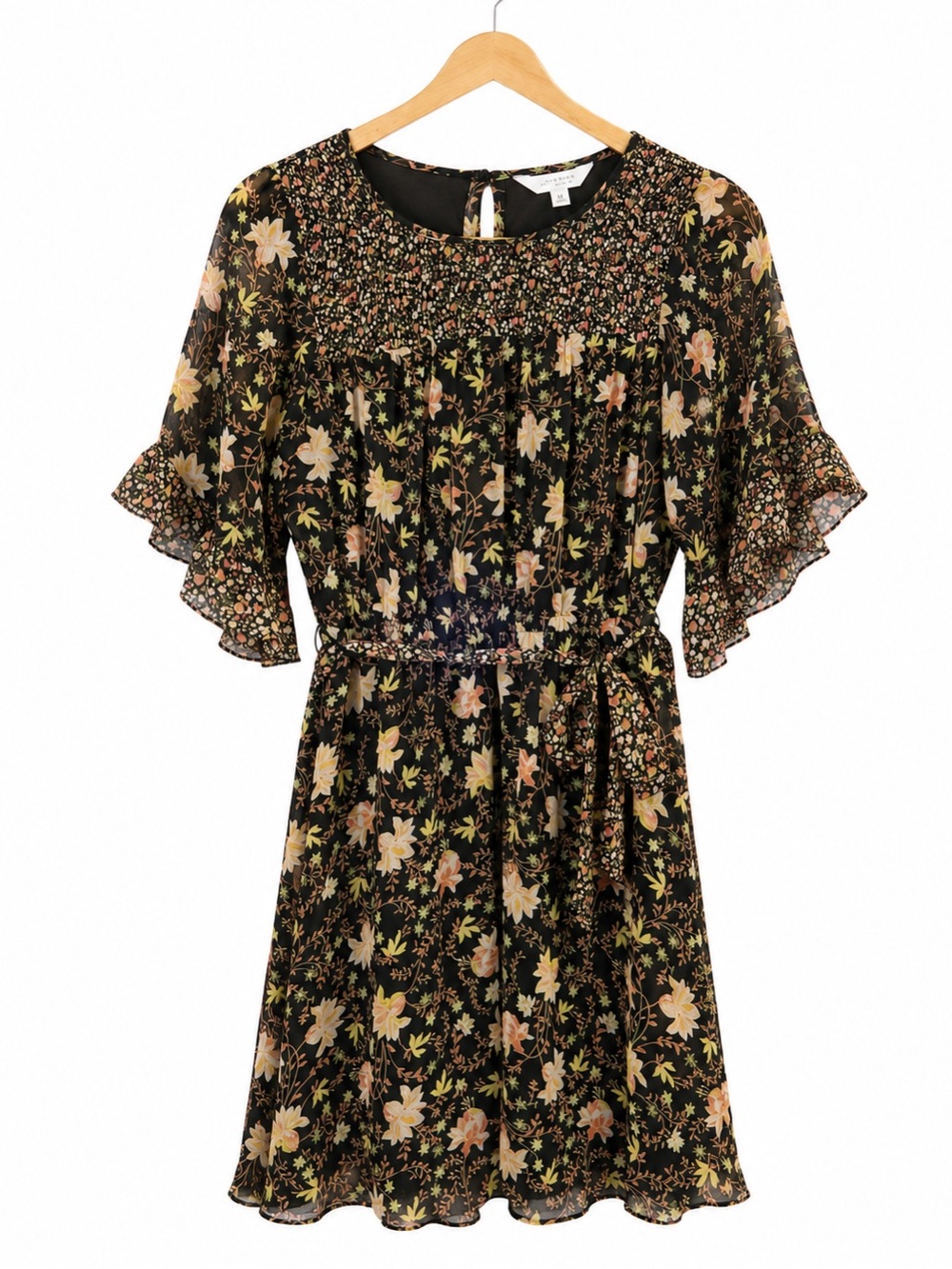 Lauren Conrad Floral Fall Dress Smocked Waist Ruffle Sleeve Mini Dress